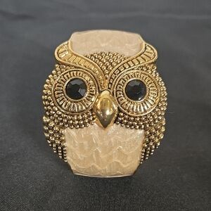 Gold And Cream Enamel Owl Bracelet With Spring Hinge Closure